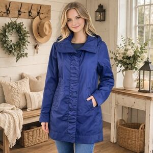 Rainforest Womens Blue Ruffle Front Hooded Trench Rain Coat Jacket Medium M